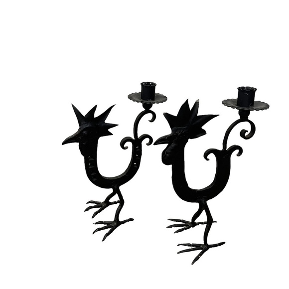 Set Of 2 Wrought Iron Rooster Candlestick Holder Horshoe Folk Art - Picture 2 of 14